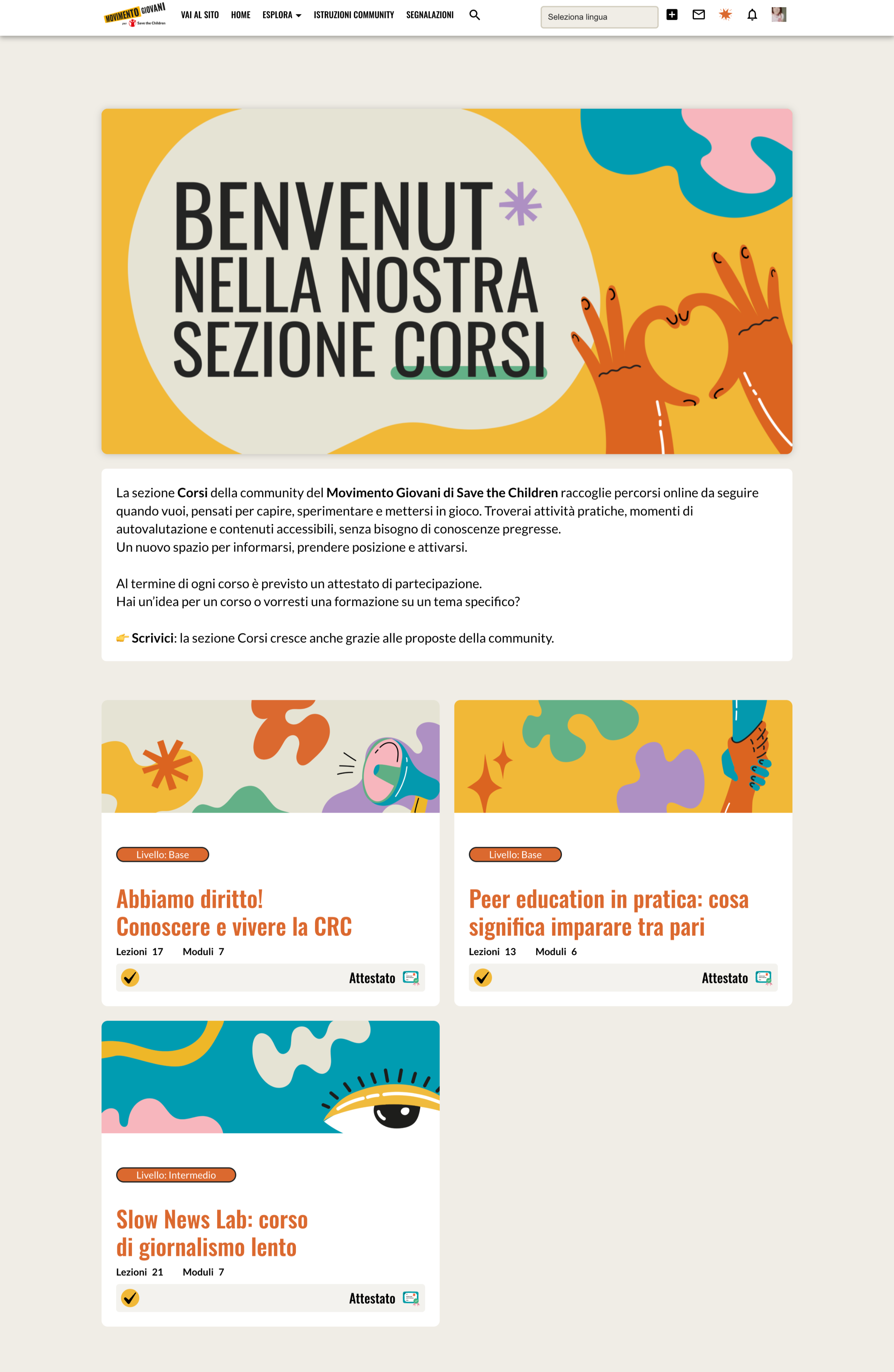 screenshot sezione corsi